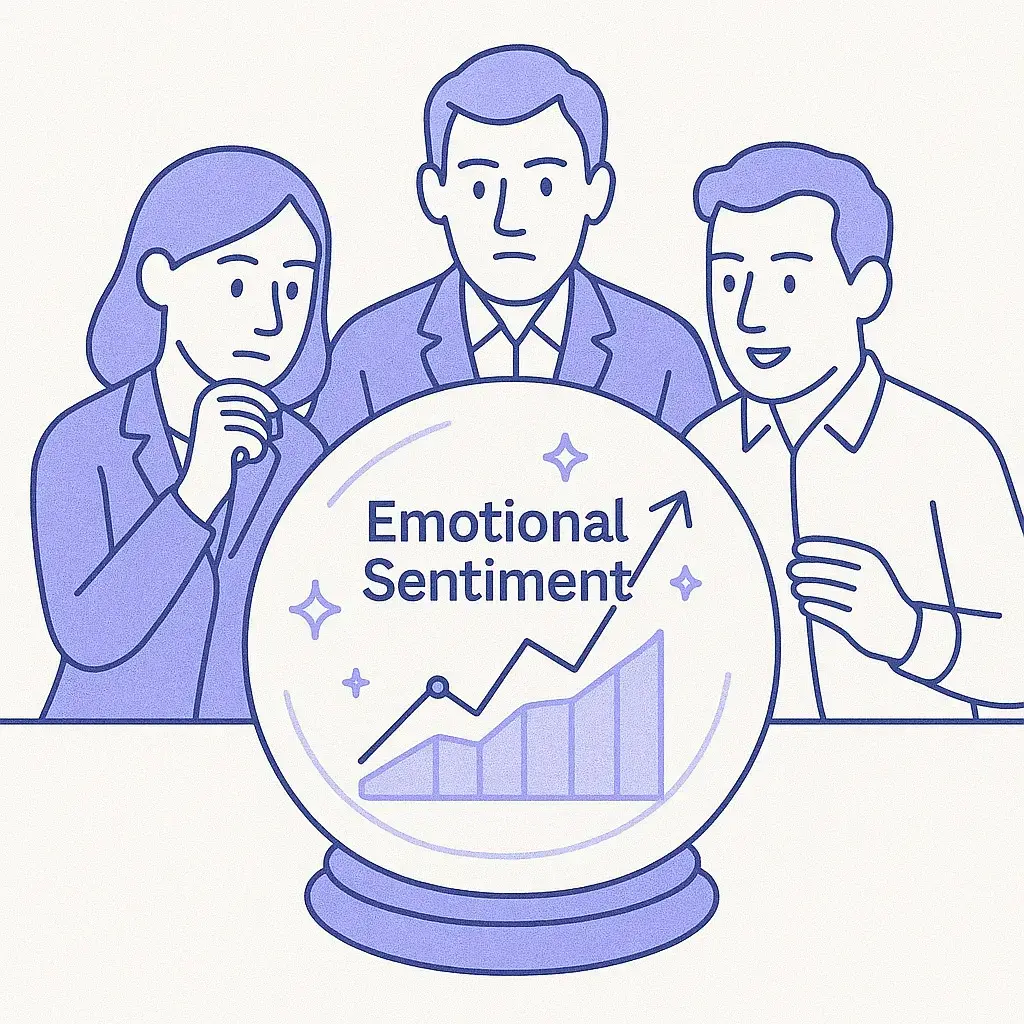 Business professionals analyzing future sentiment trends in a glowing crystal ball.