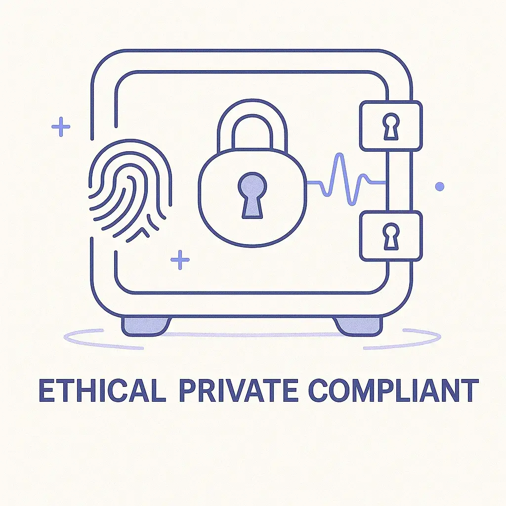 Secure vault illustration with fingerprint, lock, and waveform icons labeled ETHICAL PRIVATE COMPLIANT on a single line.