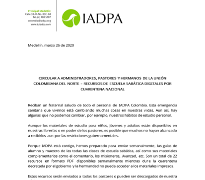 Circular 002 IADPA - Materiales de Escuela Sabática del segundo trimestre del 2020
