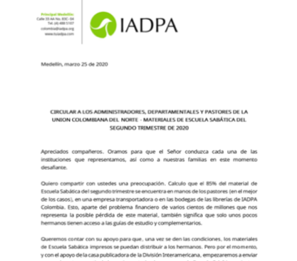 Circular IADPA - Materiales de Escuela Sabática del segundo trimestre del 2020