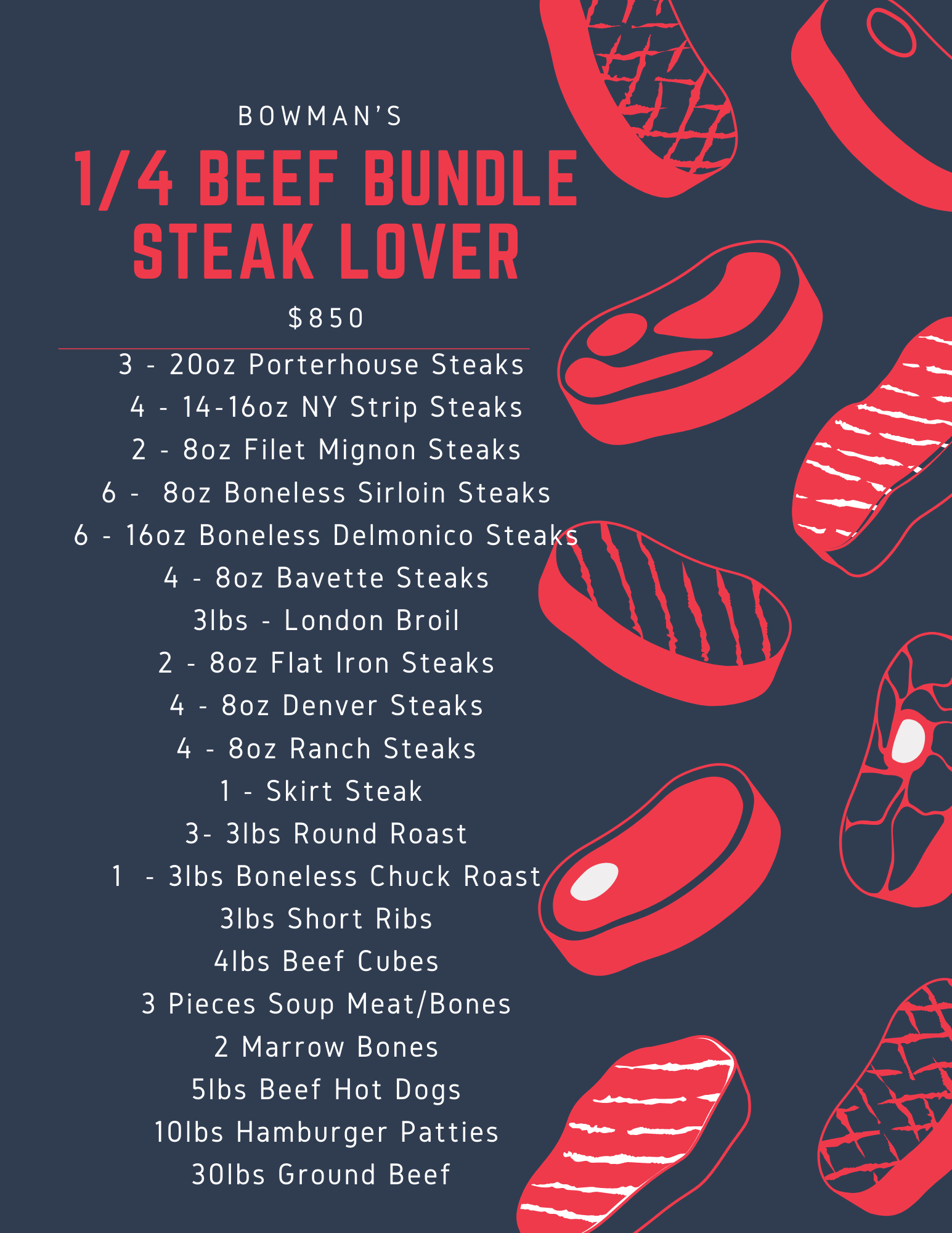 1/4 Beef Share Steak Lovers Bowman's Butcher Shop