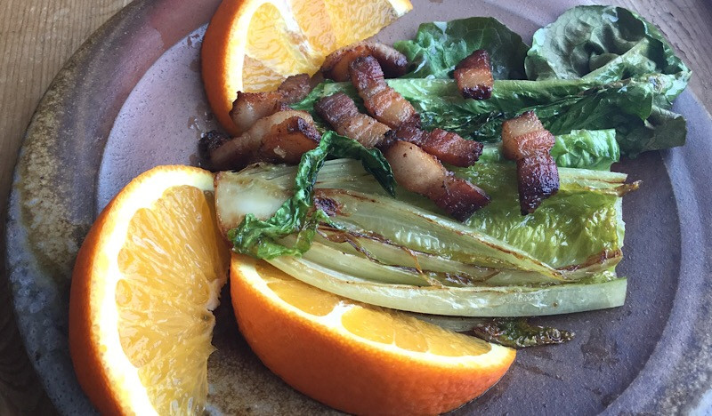 Seared Romaine Hearts with No-nitrate Bacon and Orange