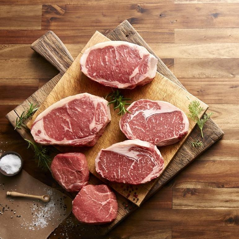 Top-down view of premium grass-fed beef cuts from Ferguson Farms