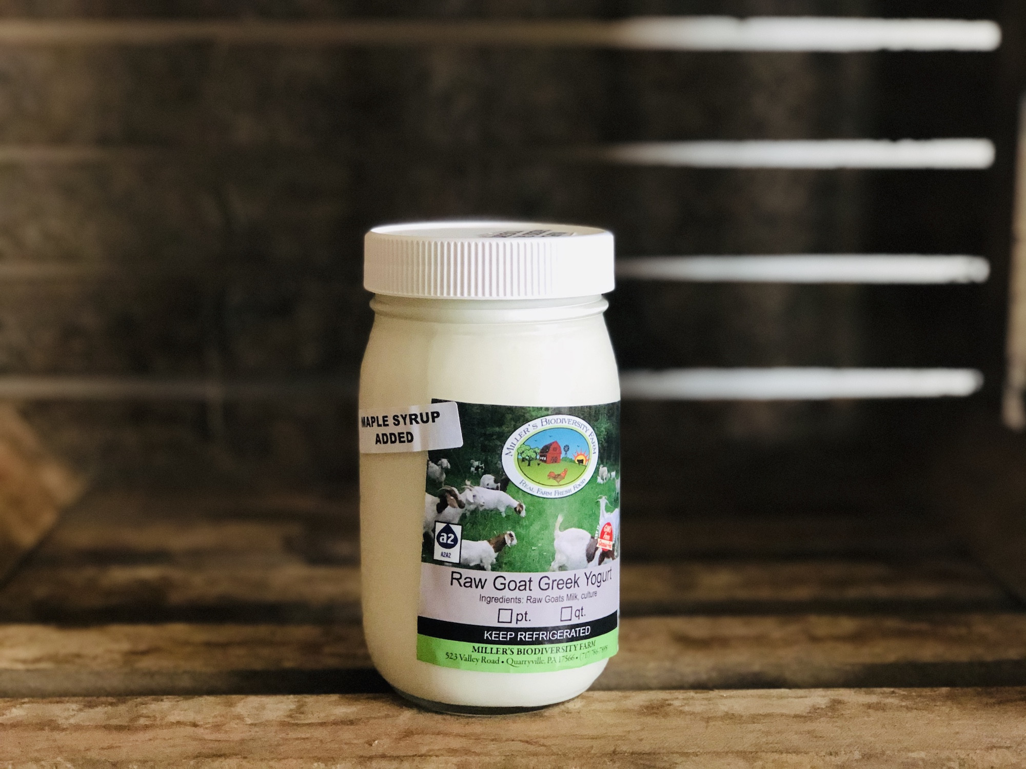 Maple Greek Goat Yogurt, 1 pint (Glass) Miller's Biodiversity Farm
