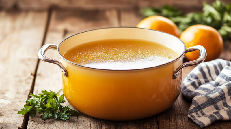 Golden bone broth ready for cooking