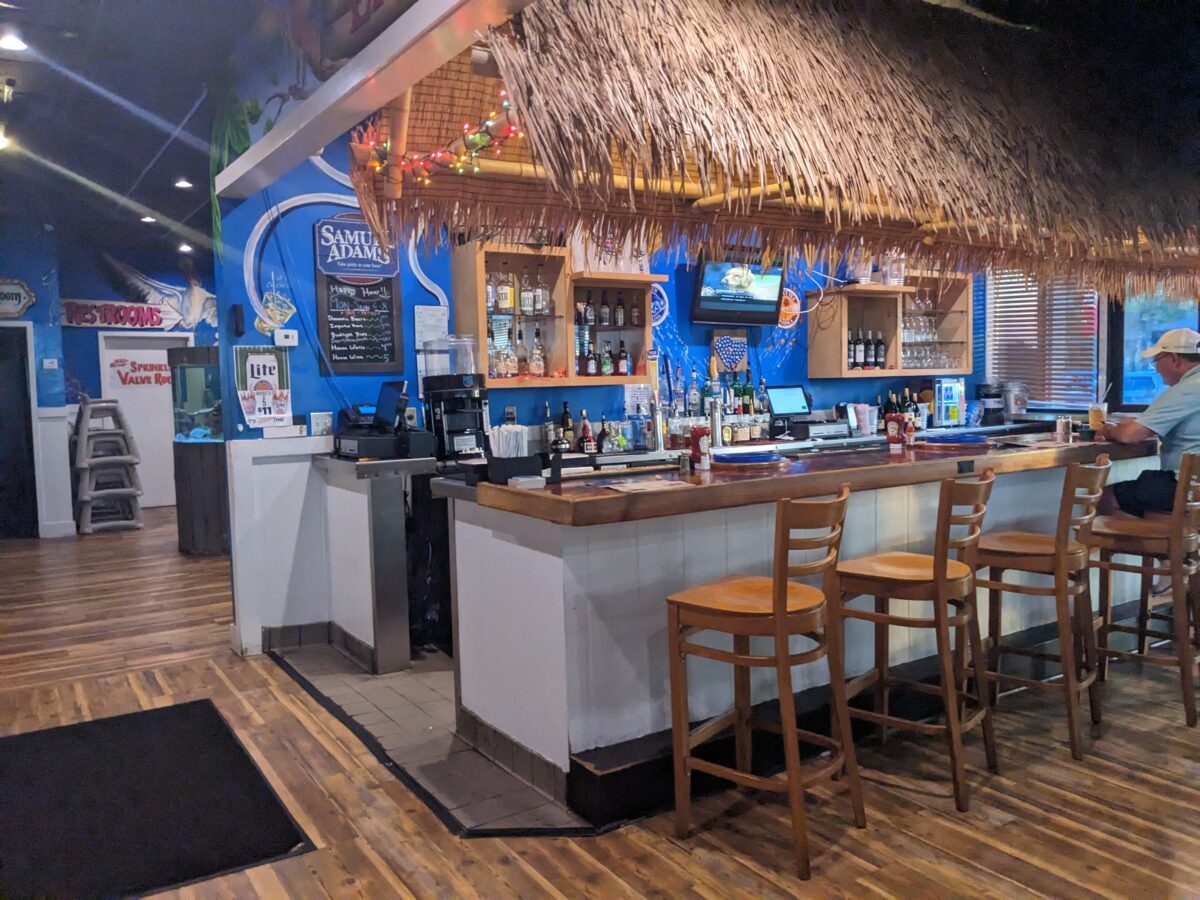 I love the tiki bar feel of the bar area of Gilligan's Seafood in Beaufort, SC