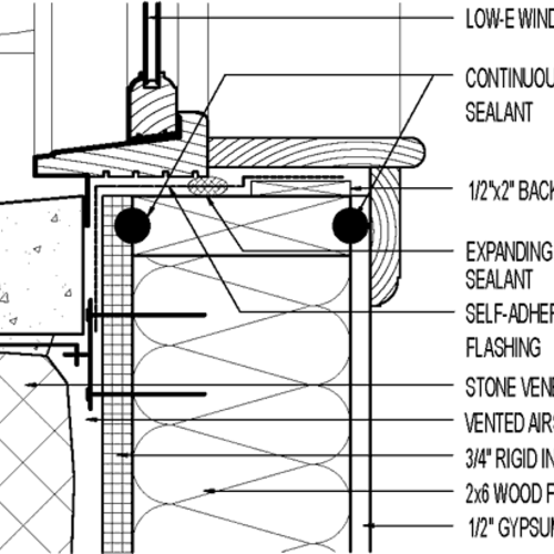 Flanged Window at Sill. Exterior Foam Sheathing; Stone Veneer Siding