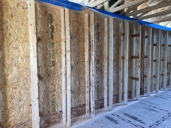Double-stud 2x4 walls ready to receive dense-pack cellulose insulation