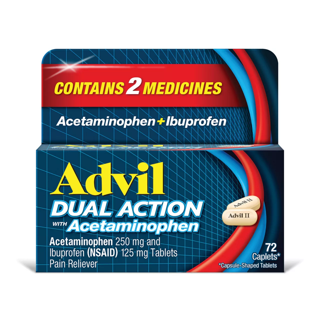 Advil Dual Action with Acetaminophen combination of 250mg Ibuprofen and 500mg Acetaminophen Coated Caplets for 8 hours of pain relief 72 Caplets