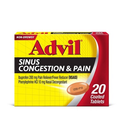 Advil Sinus Congestion and Pain, Sinus Medicine, Pain Reliever and Fever Reducer With Ibuprofen and Phenylephrine Hcl - 20 Coated Tablets