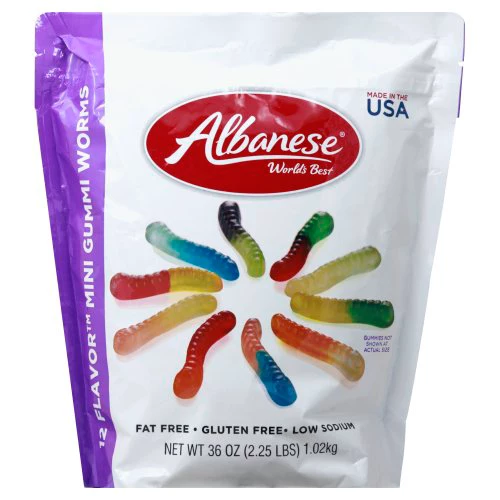 Mini Gummi Worms, Cherry, Strawberry, Mango, Pineapple, Lemon, Orange, Green Apple, Watermelon, Pink Grapefruit, Lime, Blue Raspberry, Grape