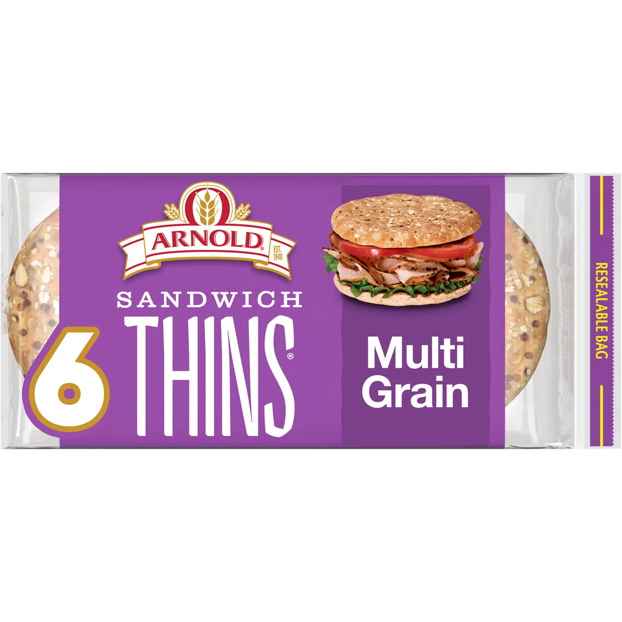 Arnold Multigrain Sandwich Thins Rolls, Sandwich Rounds Free From Artificial Colors, Flavors and Preservatives, 6 Sandwich Rolls