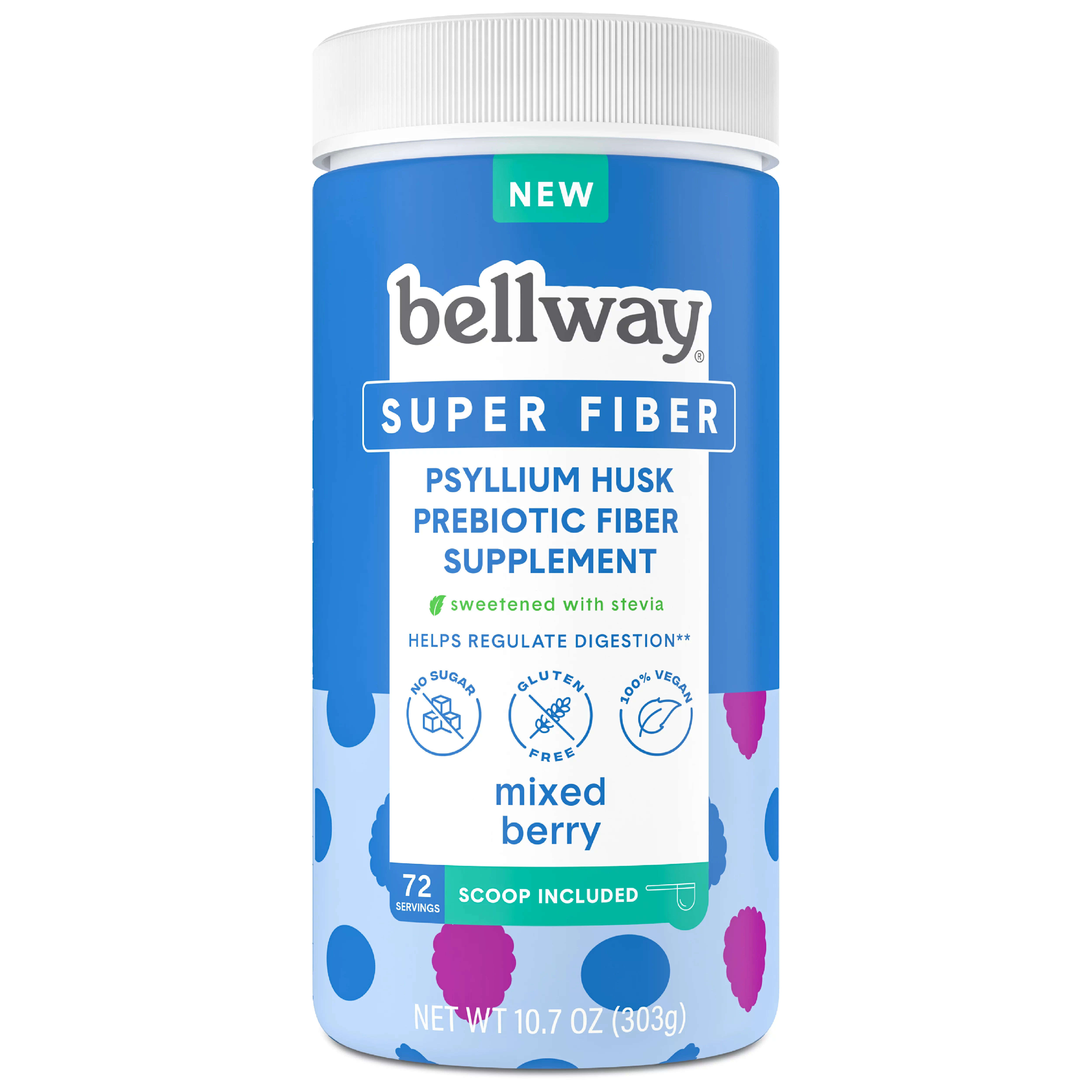 Bellway Psyllium Super Fiber Prebiotic Supplement Powder, Sugar-Free, Mixed Berry, 72 Servings