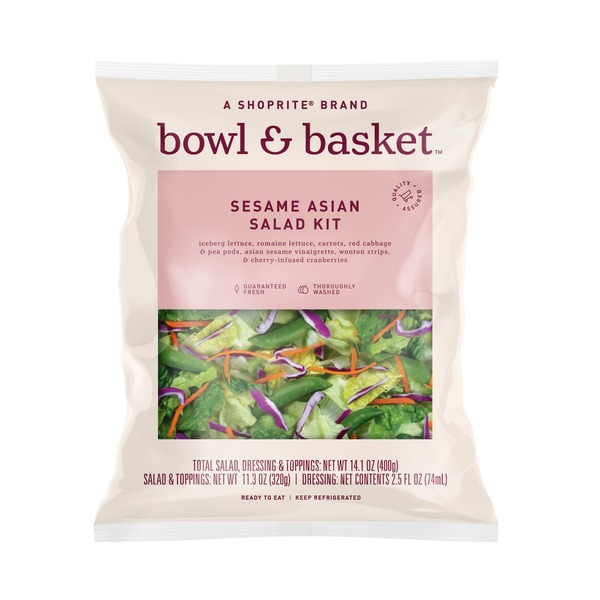 Bowl & Basket Sesame Asian Iceberg Lettuce, Romaine Lettuce, Carrots, Red Cabbage & Pea Pods, Asian Sesame Vinaigrette, Wonton Strips & Cherry-infused Cranberries Salad Kit
