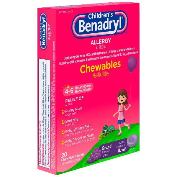 Children's Benadryl Allergy Chewables with Diphenhydramine HCl, Antihistamine Chewable Tablets For Relief of Allergy Symptoms Like Sneezing, Itchy Eyes, & More