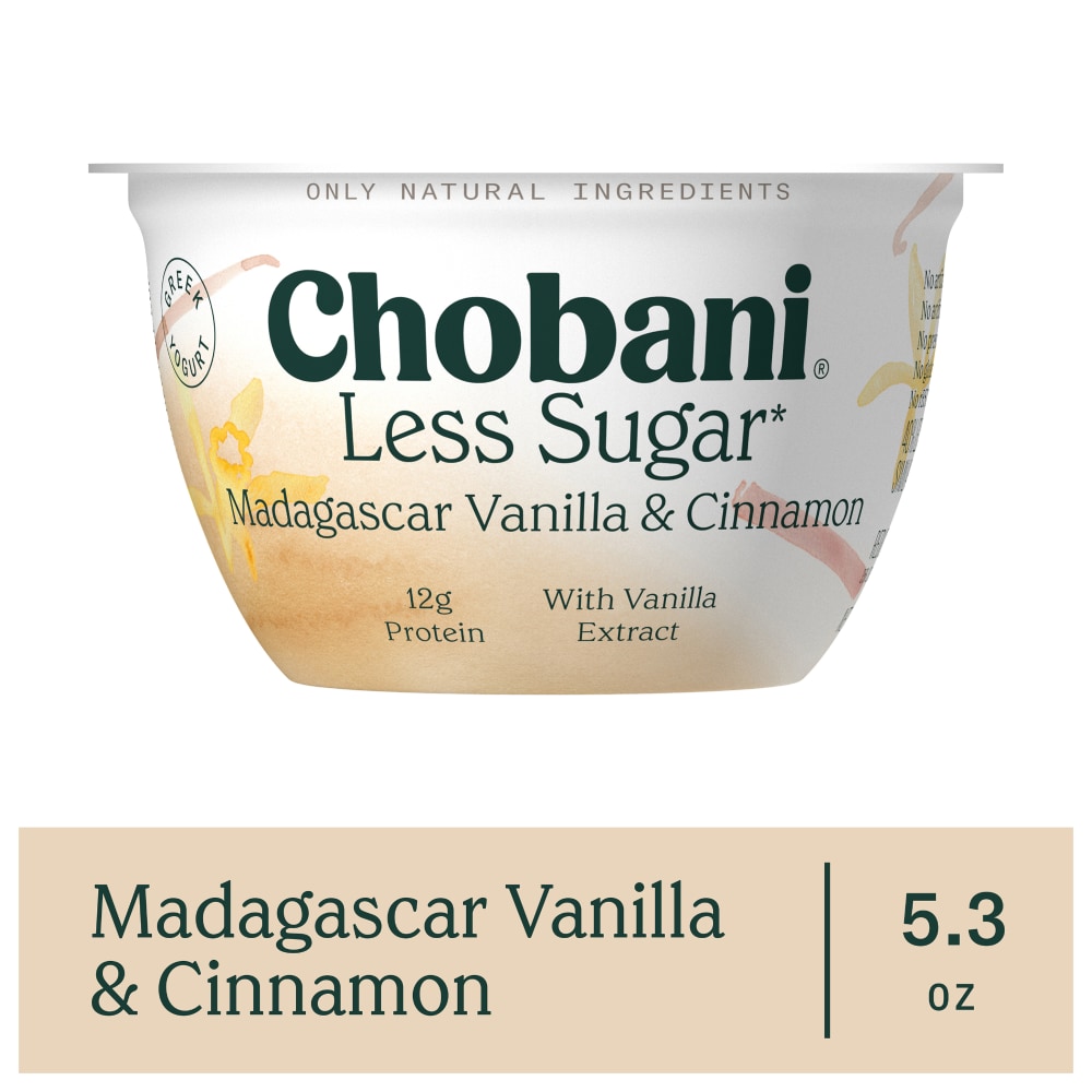 Chobani Yogurt, Greek, Less Sugar, Reduced Fat, Madagascar Vanilla & Cinnamon