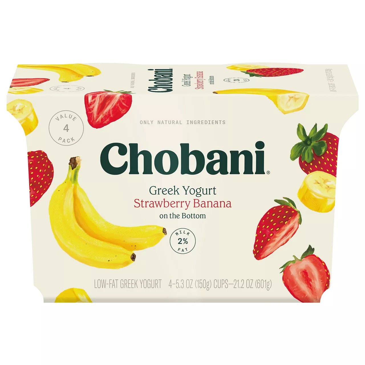 Chobani Yogurt, Greek, Low-Fat, Strawberry Banana on the Bottom, Value 4 Pack