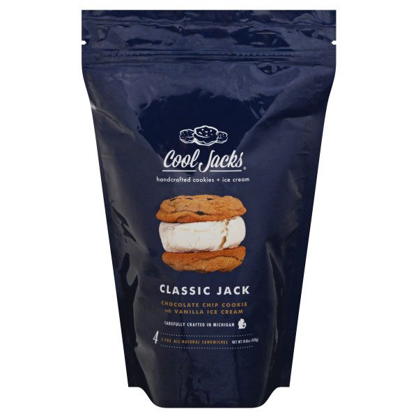 Cool Jacks Classic Jack Ice Cream Sandwich, Chocolate Chip Cookies + Vanilla Ice Cream, 4 Pack