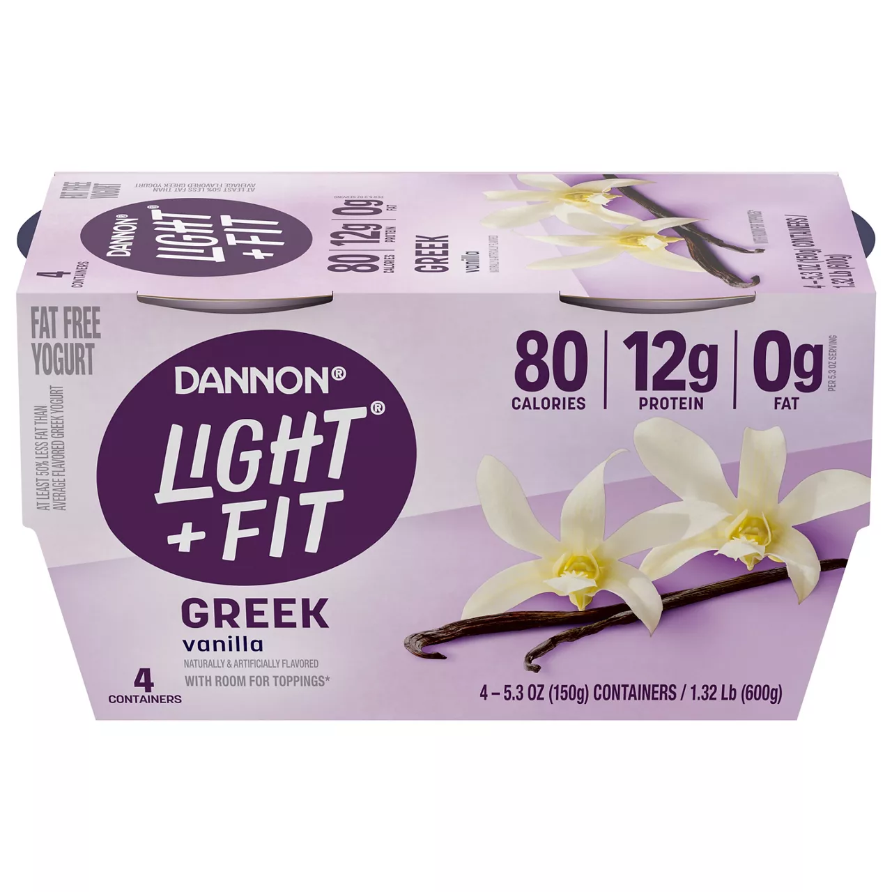 Dannon Light + Fit Greek Vanilla Fat Free Yogurt, Creamy and Delicious Gluten Free Yogurt, 4 Ct