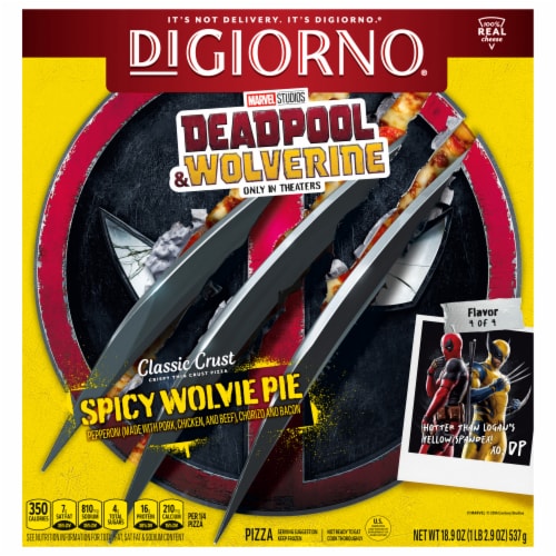 DiGiorno Deadpool and Wolverine Pizza Classic Crust Frozen Food, Spicy Wolvie Pie with Pepperoni, Chorizo and Bacon