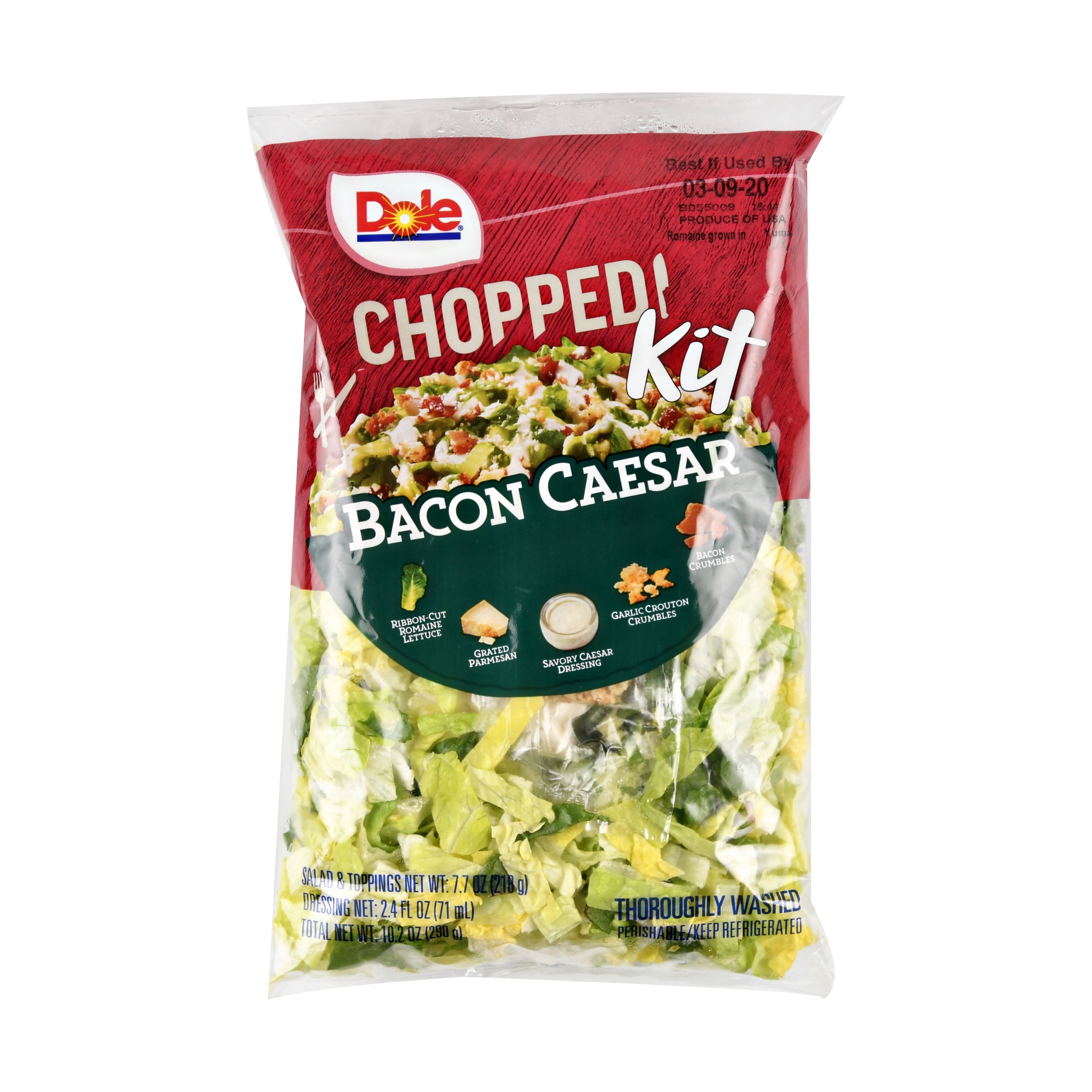 Bacon Caesar Ribbon-Cut Romaine Lettuce, Grated Parmesan, Savory Caesar Dressing, Garlic Crouton Crumbles, Bacon Crumbles Chopped Kit, Bacon Caesar