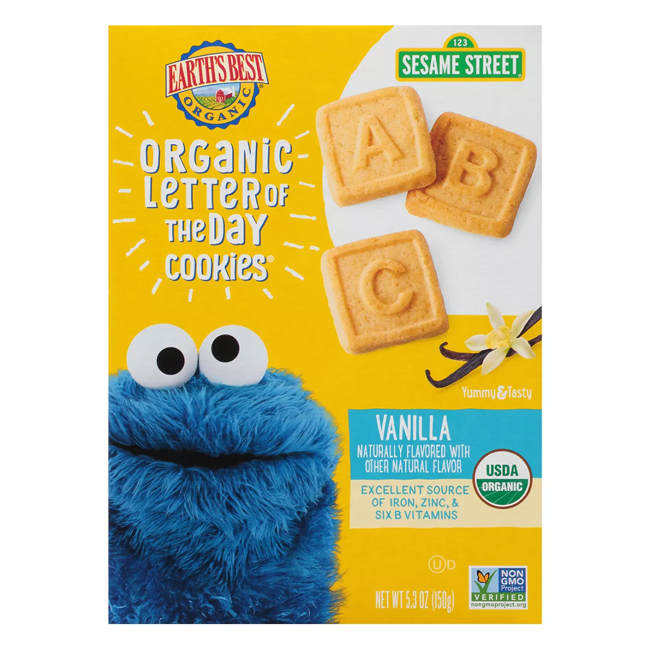 Earth's Best Organic Kids Snacks, Sesame Street Toddler Snacks, Organic Letter of the Day Cookies for Toddlers 2 Years and Older, Vanilla
