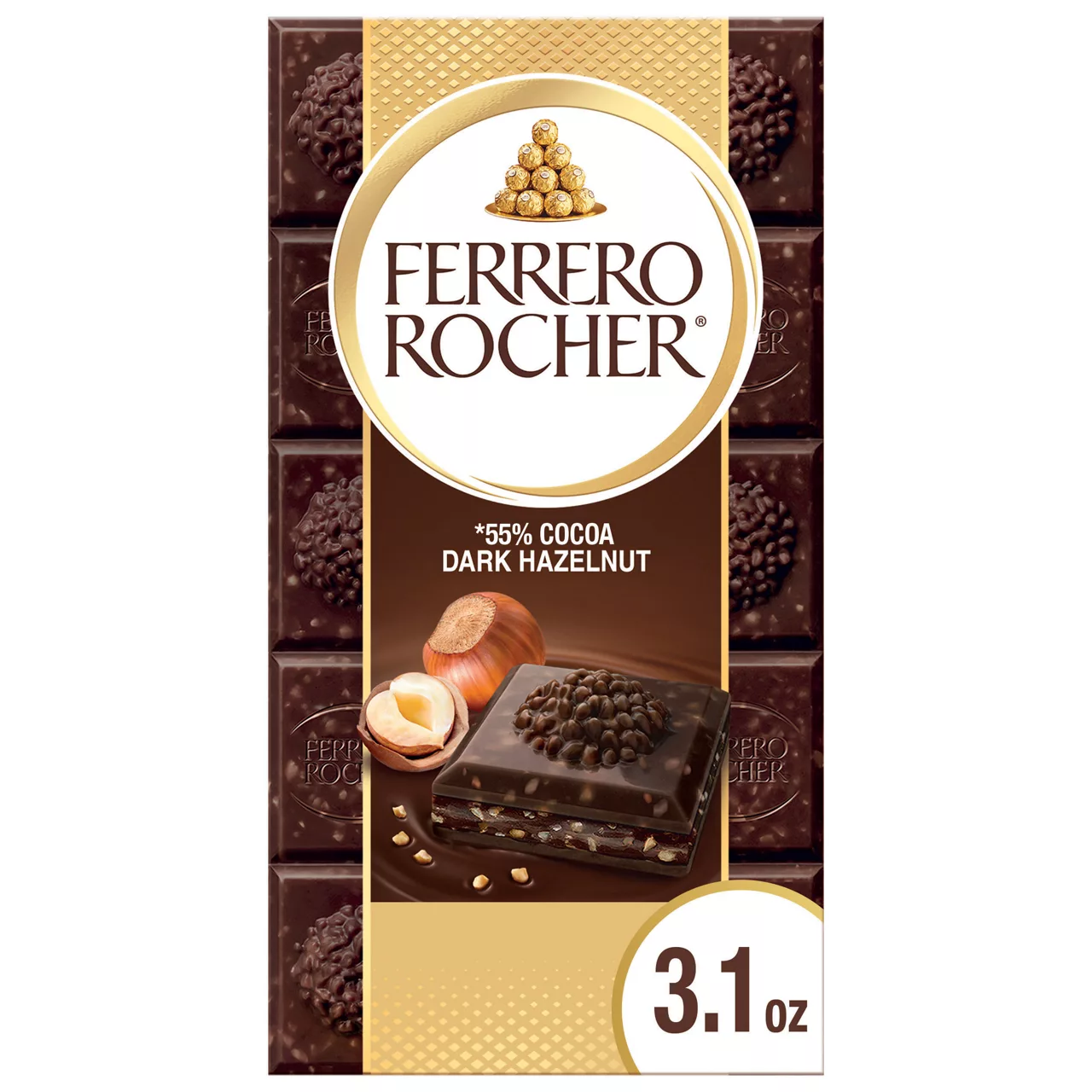 Ferrero Rocher Dark Chocolate Bar, with Hazelnut & Cocoa Filling, Dark Hazelnut, 55% Cocoa