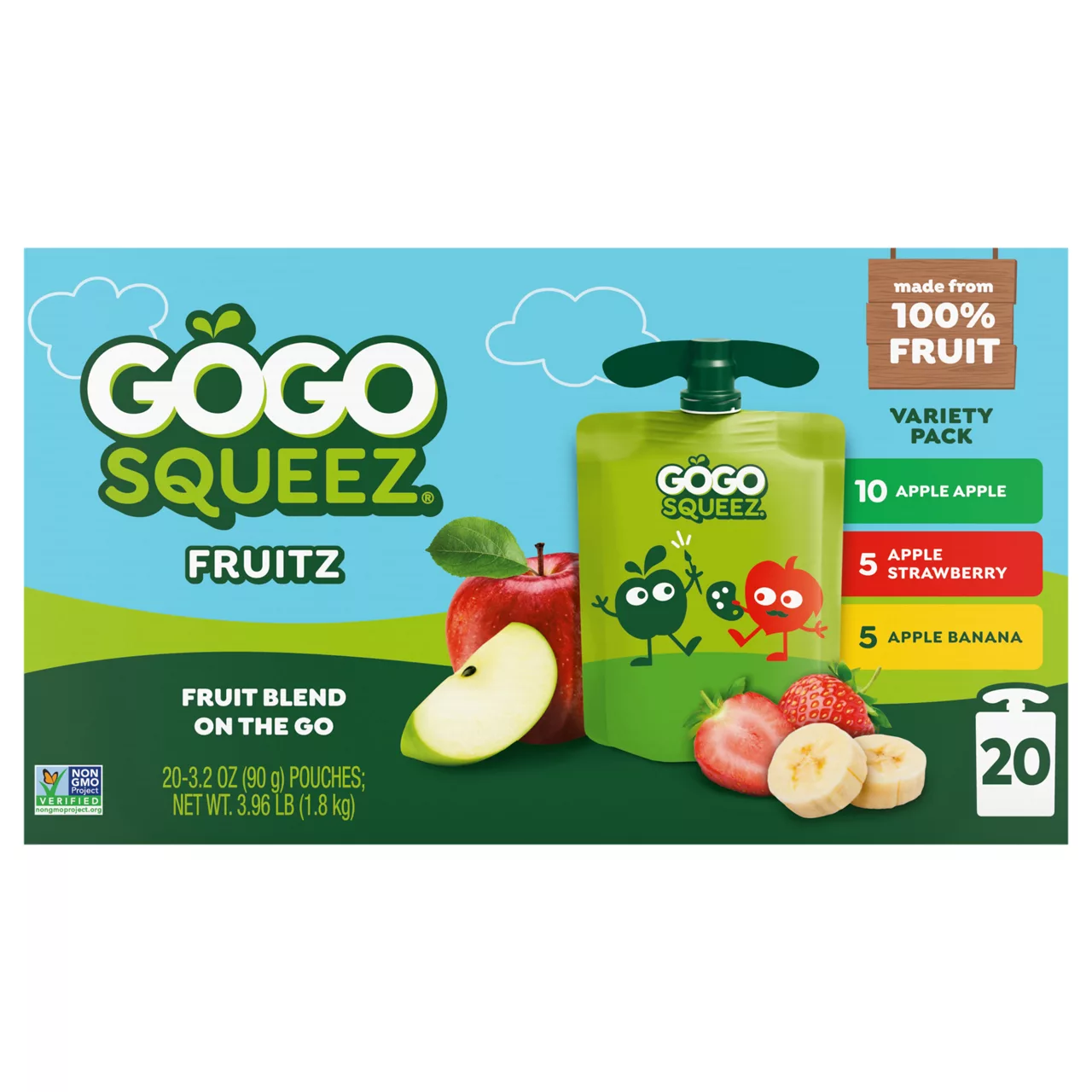 GoGo squeeZ Fruit on the Go Variety Pack, Apple Apple, Apple Banana, & Apple Strawberry, - Tasty Kids Applesauce Snacks - Gluten Free Snacks for Kids - Nut & Dairy Free - Vegan Snacks, 3.2 Ounce