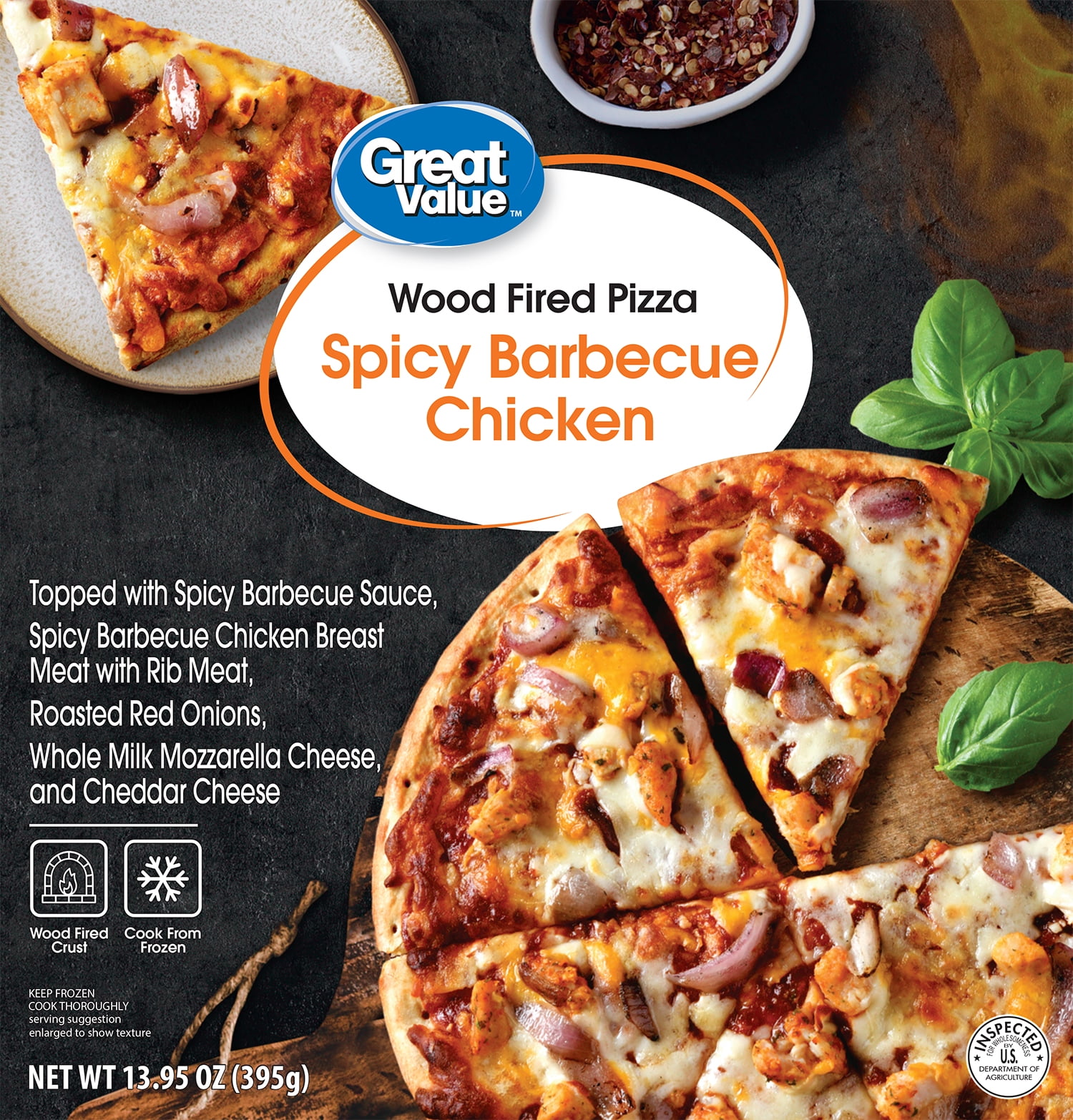 Spicy Barbecue Chicken Topped With Spicy Barbecue Sauce, Spicy Barbecue Chicken Breast Meat With Rib Meat, Roasted Red Onions, Whole Milk Mozzarella Cheese, And Cheddar Cheese Wood Fired Pizza, Spicy Barbecue Chicken