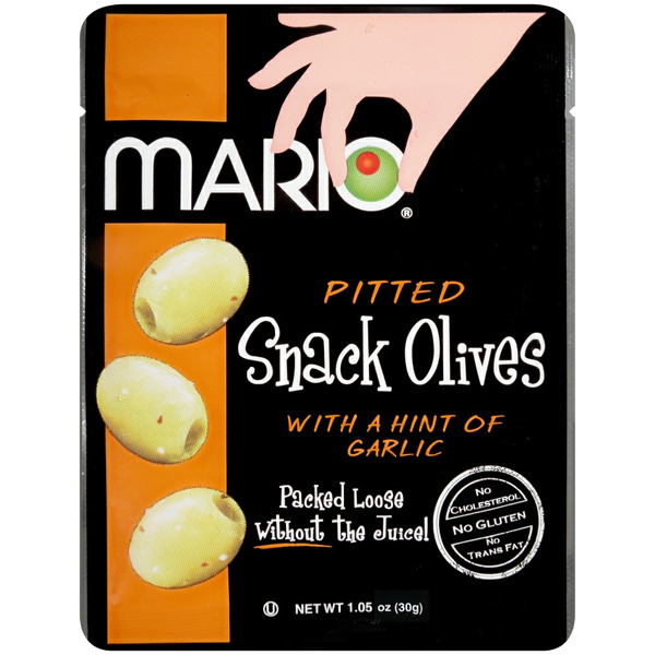 Green Pitted Snack Olive Seasoned with a Hint Of Garlic 12 Pack