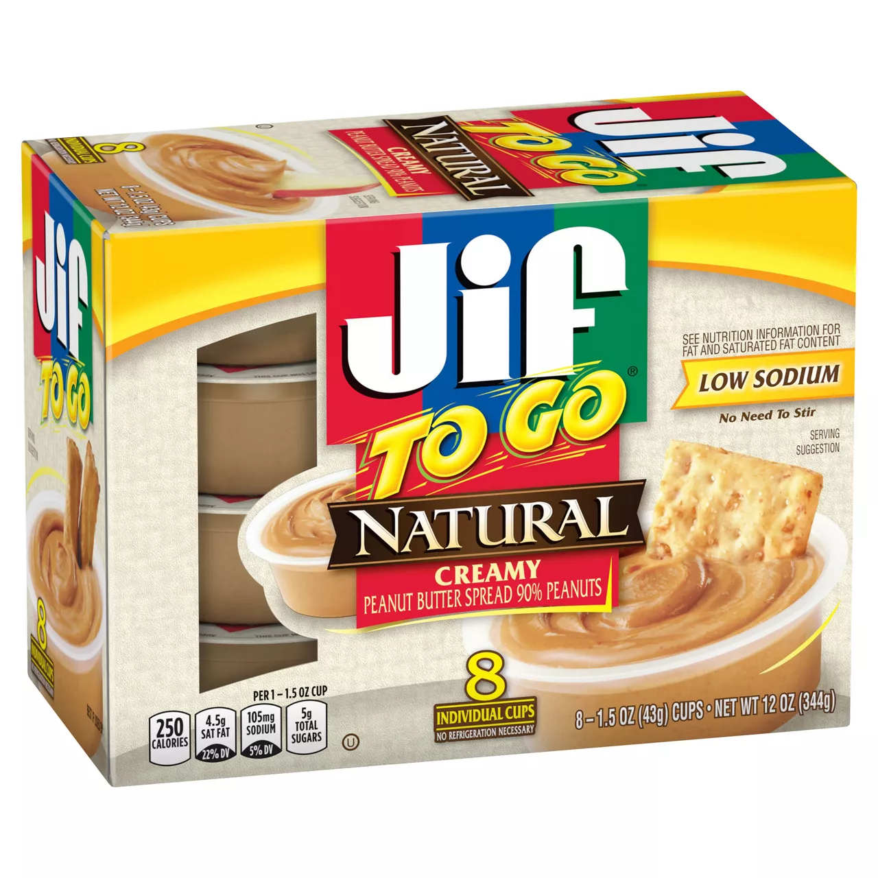Jif To Go Natural Creamy Peanut Butter Spread, 8- 1.5 Ounce Cups, Smooth and Creamy Texture, Snack Size Packs