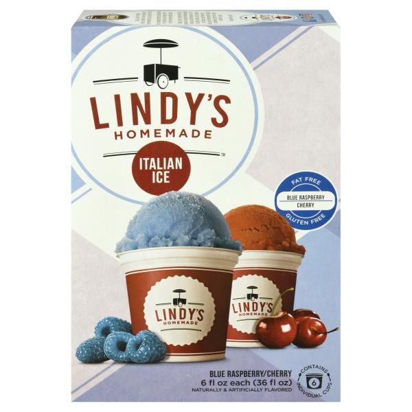 Lindy's Homemade Italian Ice, Blue Raspberry/Cherry. 6 Pack