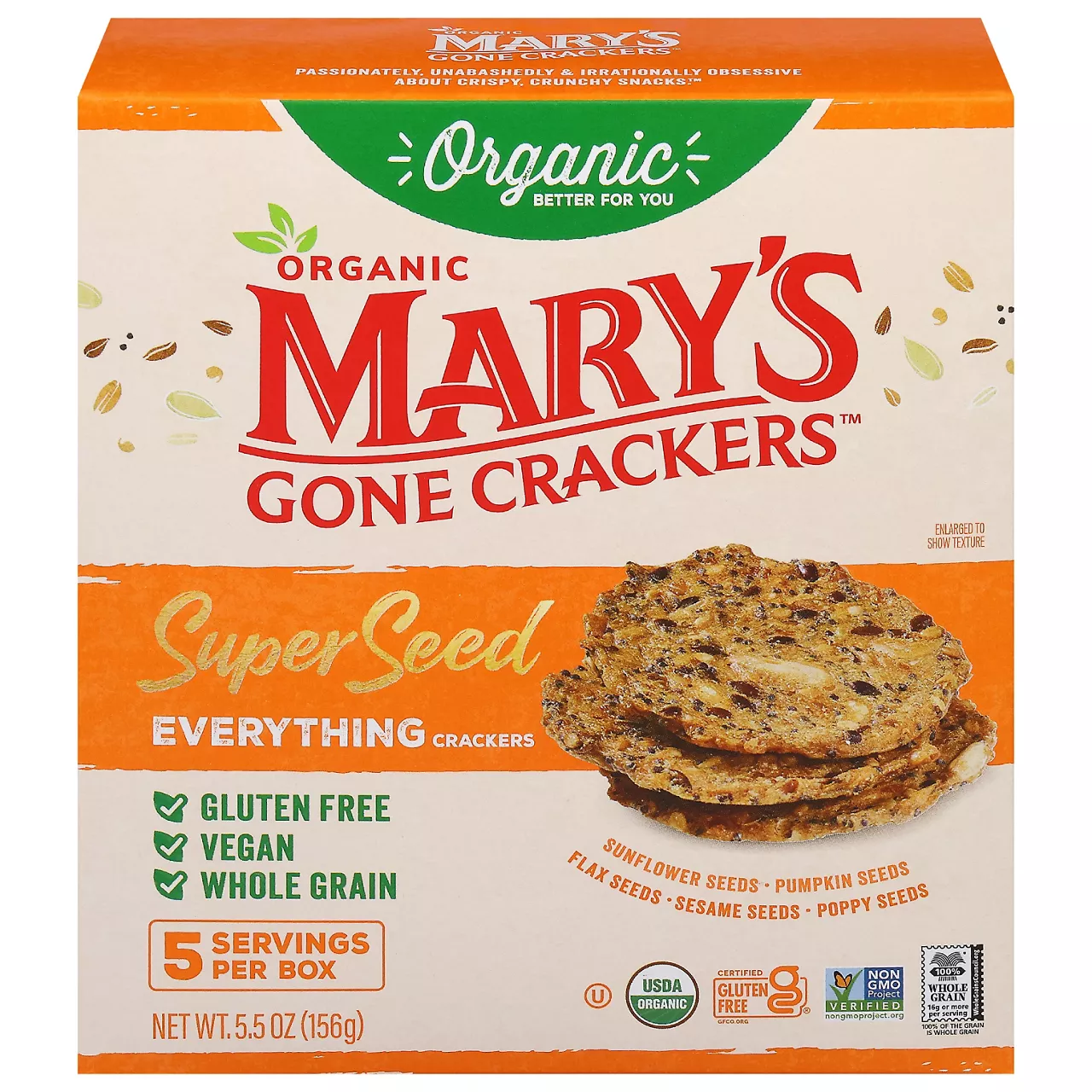 Mary's Gone Crackers Super Seed Crackers, Organic Plant Based Protein, Gluten Free, Everything, 5.5 Ounce