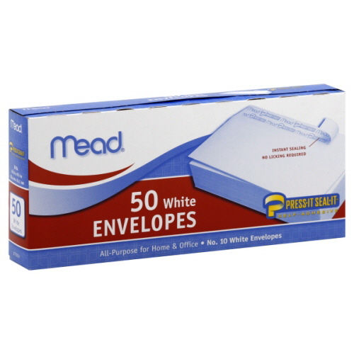Mead #10 Envelopes, Press-It Seal-It, White, 50/Box