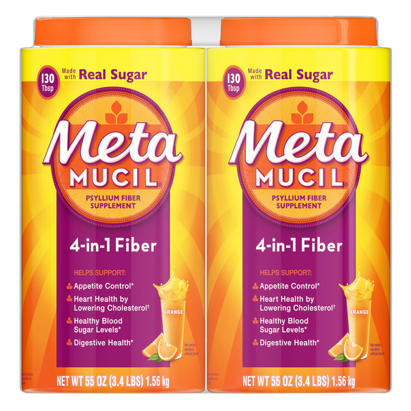 Metamucil Fiber, 4-in-1 Psyllium Fiber with Real Sugar, Orange Smooth Flavored Drink, 260 Servings