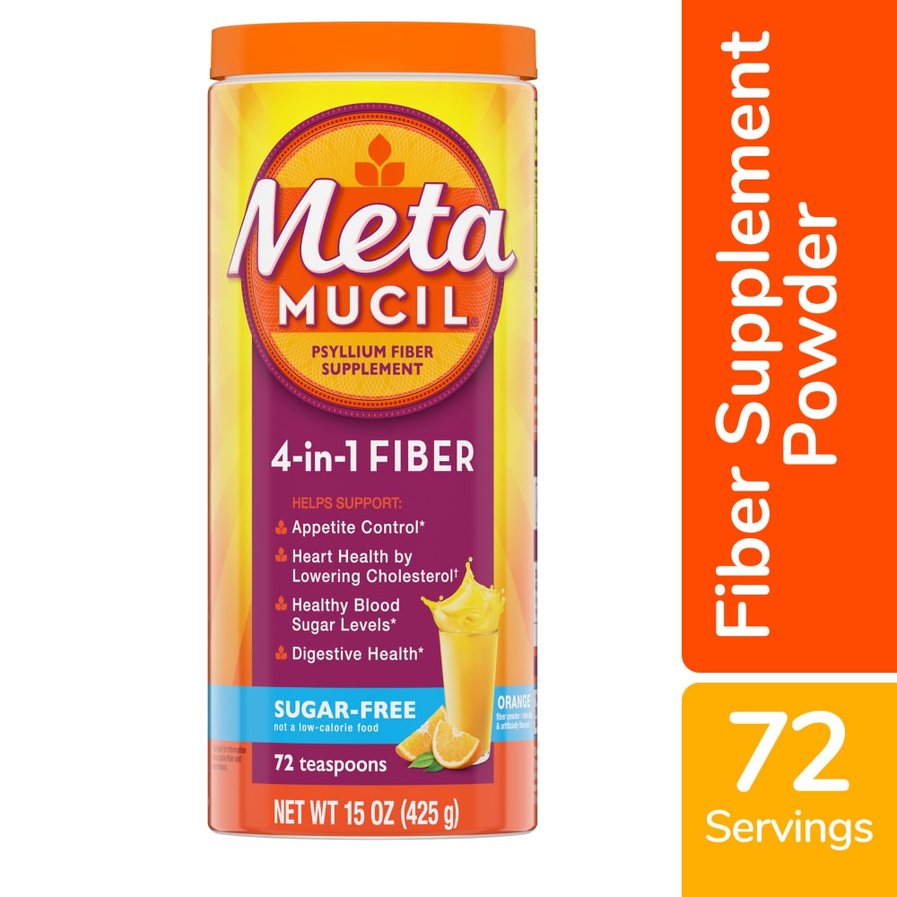 Metamucil, Daily Psyllium Husk Powder Supplement, Sugar-Free Powder, 4-in-1 Fiber for Digestive Health, Orange Flavored Drink, 72 teaspoons