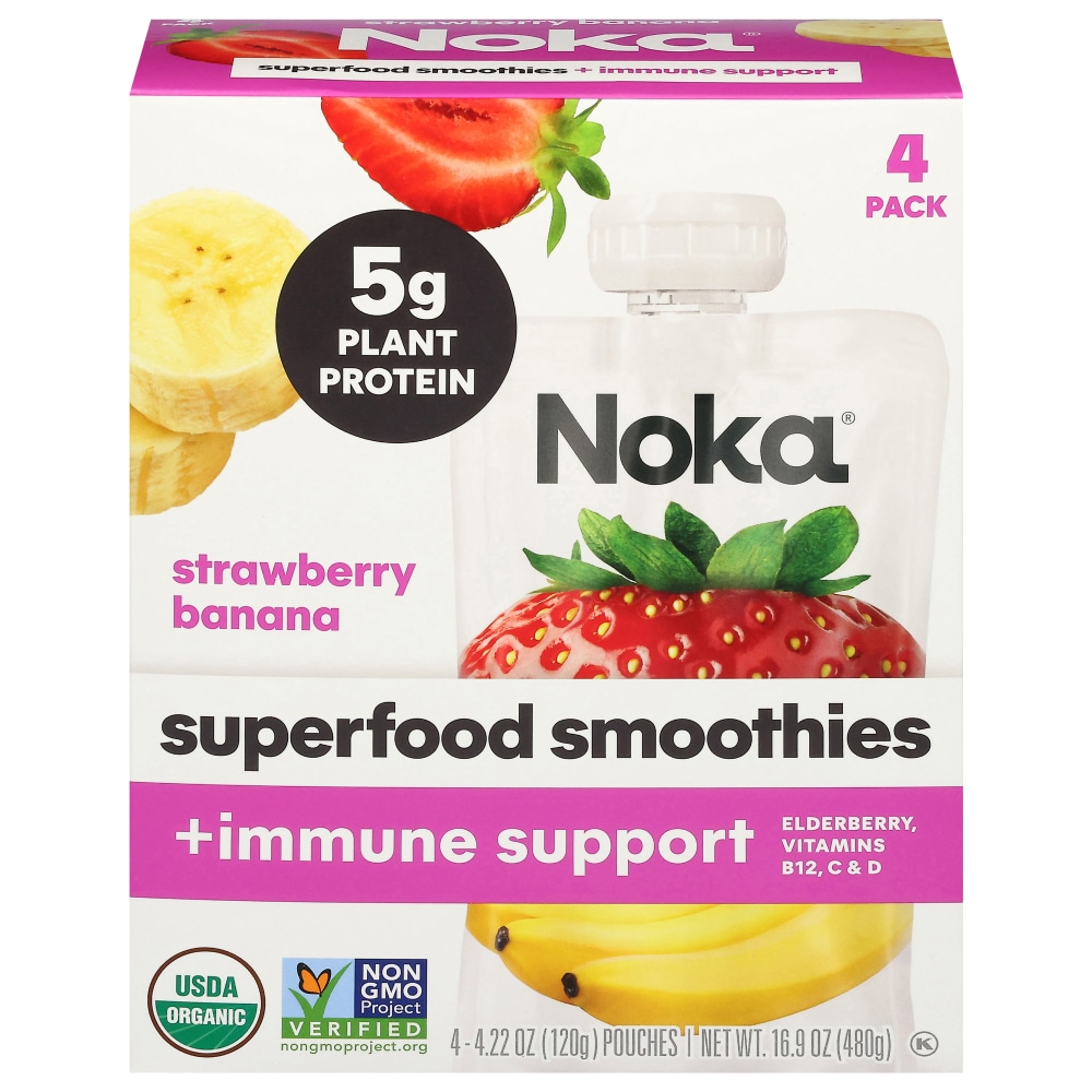 Noka Organic Strawberry Banana Immune Support Smoothie Pouches With Plant Protein