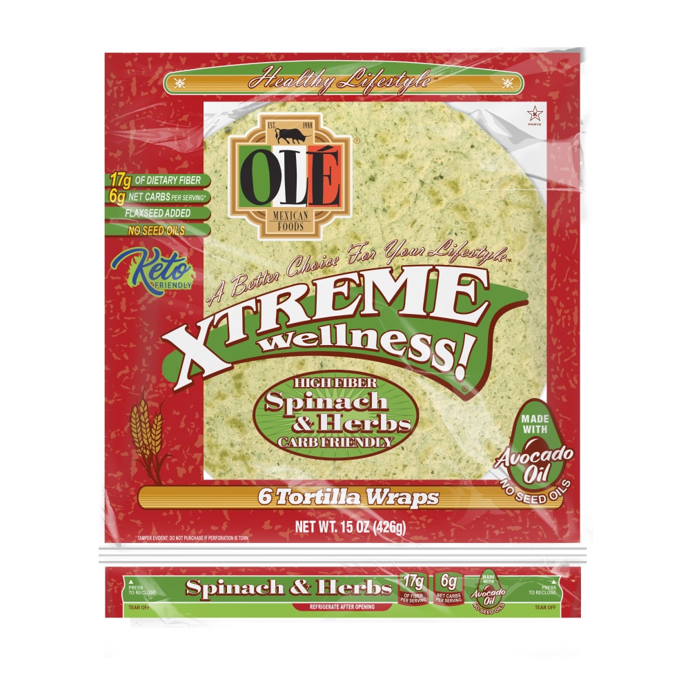 Ole Xtreme Wellness! Spinach & Herbs 10" Flour Tortillas, Keto Friendly