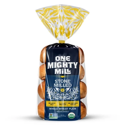 One Mighty Mill Whole Wheat Plain Bagels, 100% Organic, Fresh-Milled, Stone-Ground Flour - No Preservatives or Artificial Ingredients, Non-GMO, Kosher