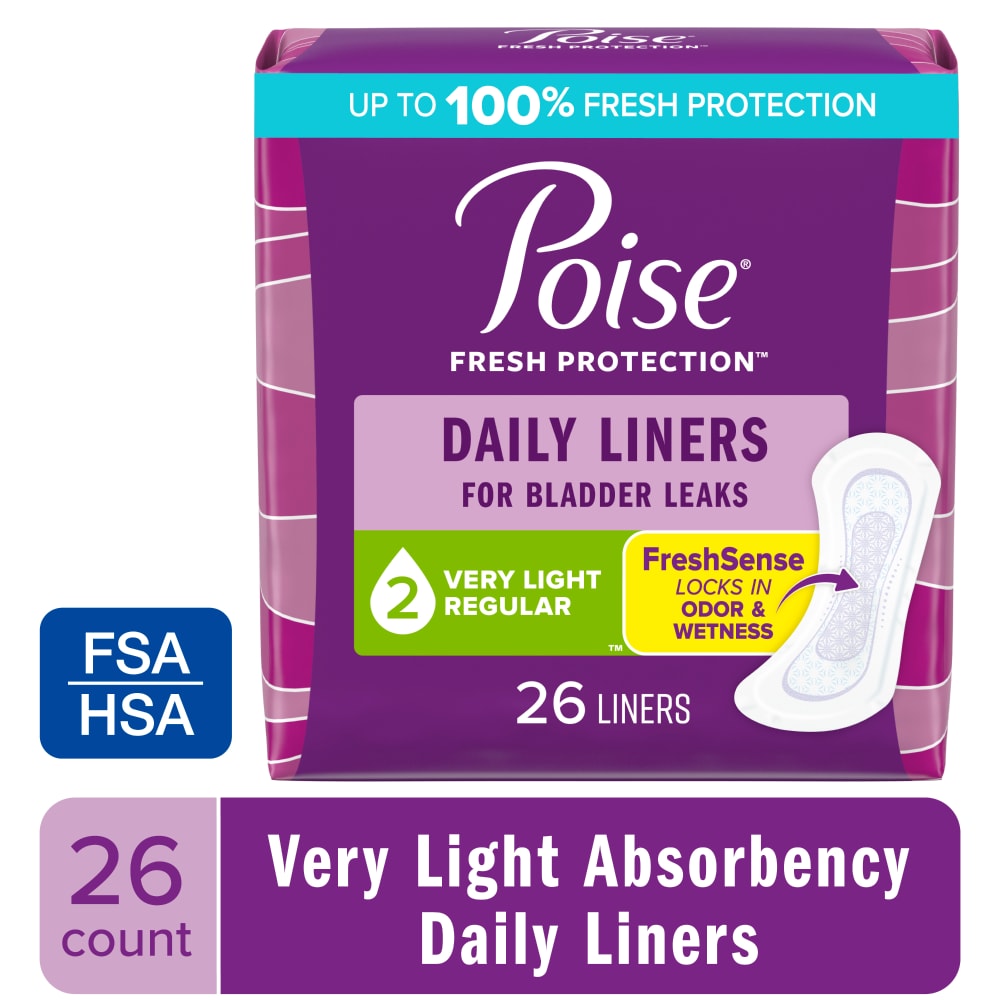 Poise Daily Liners, Incontinence Panty Liners, 2 Drop Very Light Absorbency, Regular Length, 26 Count