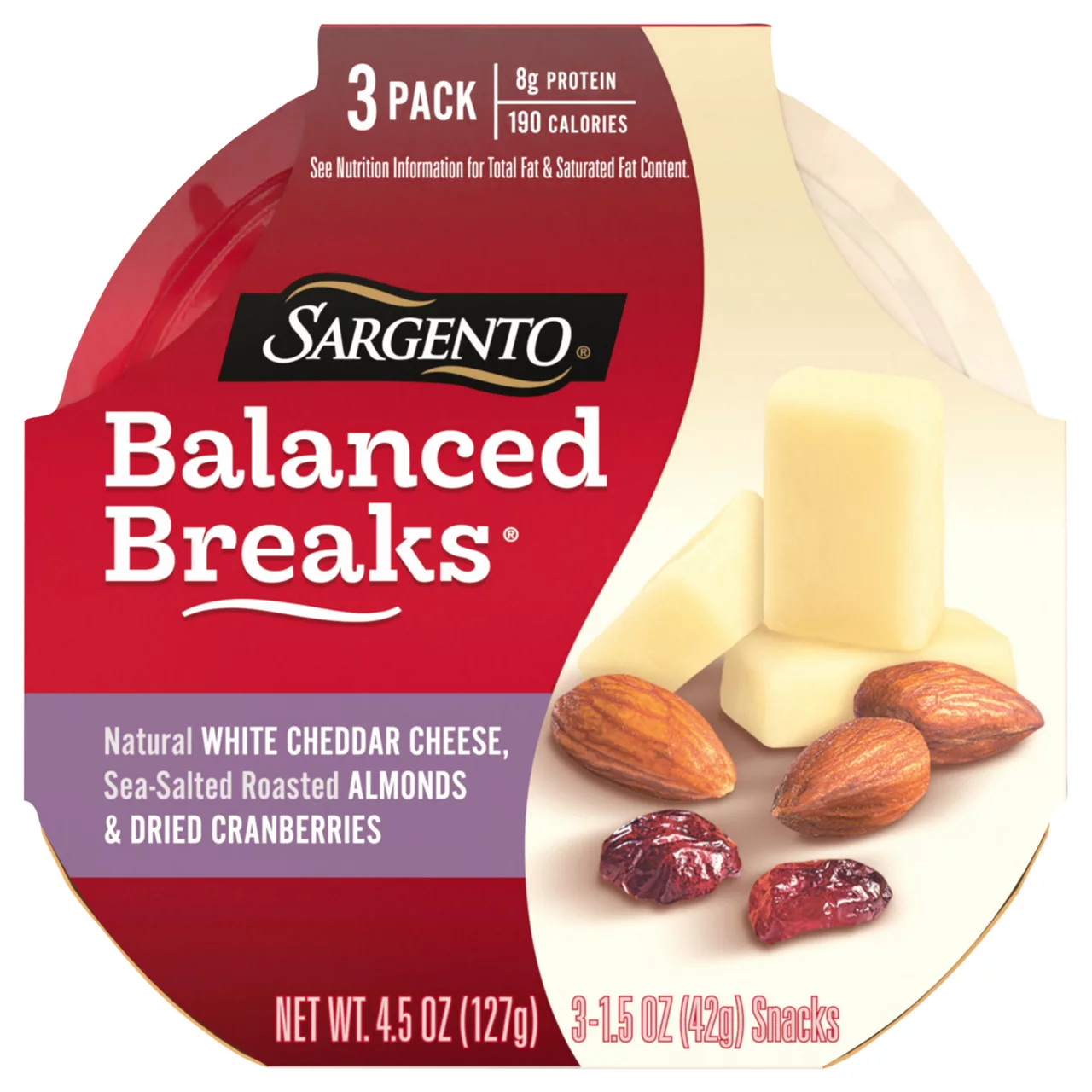 Sargento® Balanced Breaks® with Natural White Cheddar Cheese, Sea-Salted Roasted Almonds and Dried Cranberries, One.Five oz., Three-Pack