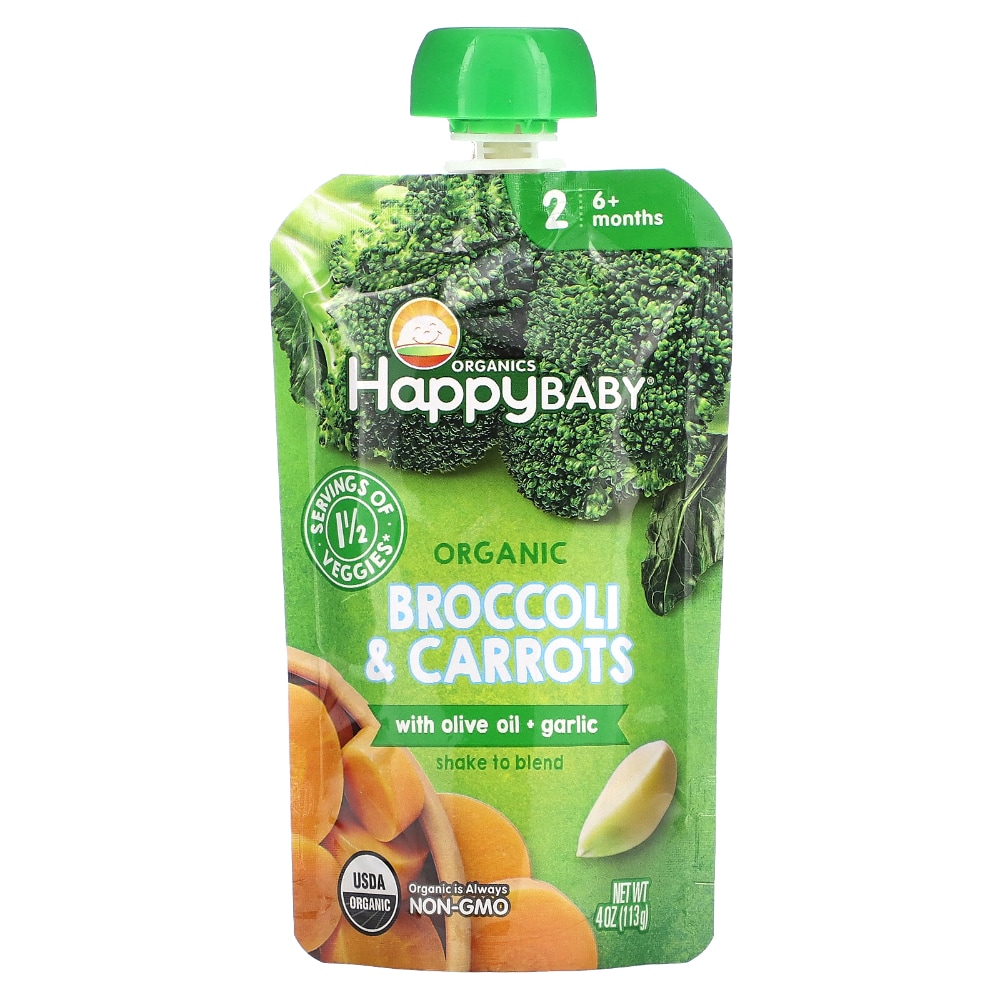 HappyBaby Organics Stage 2 Broccoli & Carrots with Olive Oil & Garlic Baby Food Pouch