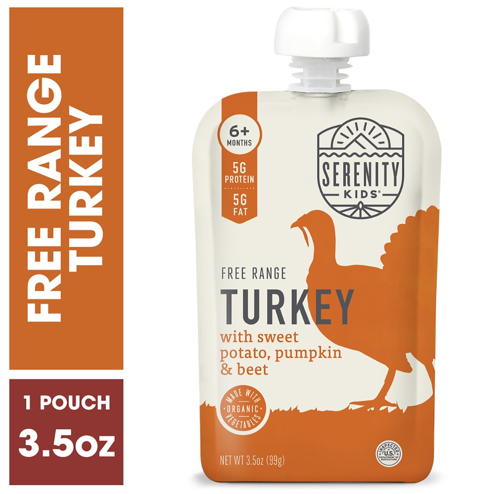Serenity Kids 6+ Months Baby Food Pouches Puree Made With Ethically Sourced Meats & Organic Veggies | 3.5 Ounce BPA-Free Pouch | Pasture Raised Turkey, Sweet Potato, Pumpkin, Beet | 1 Count