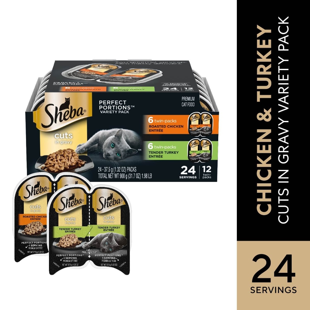 Sheba Perfect Portions Cat Food, Premium, Roasted Chicken Entree/Tender Turkey Entree, Cuts in Gravy, Twin-Pack, Variety Pack