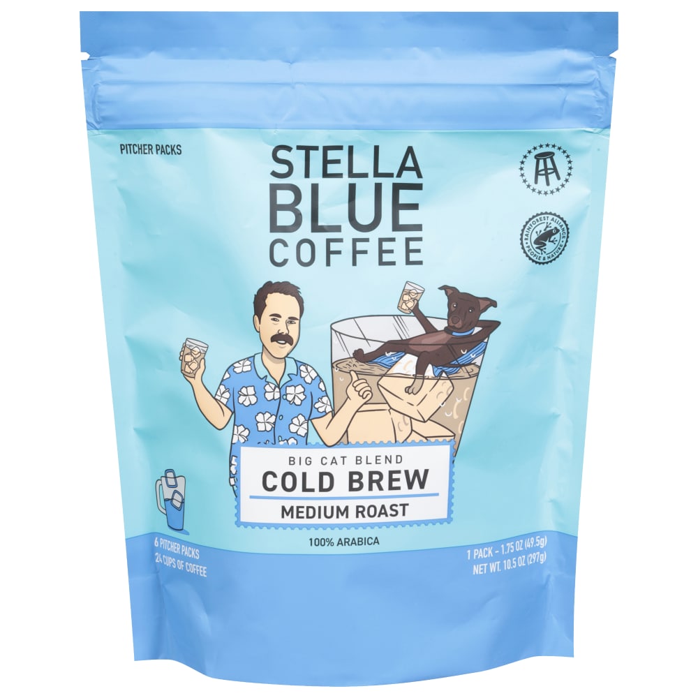 Stella Blue Cold Brew Arabica Big Cat Blend Coffee, 6 Ready-to-Brew Packets, Enriching Caramel and Hazelnut Notes with Sweet Fruitiness - Fresh Cold Brew for True Fanatics