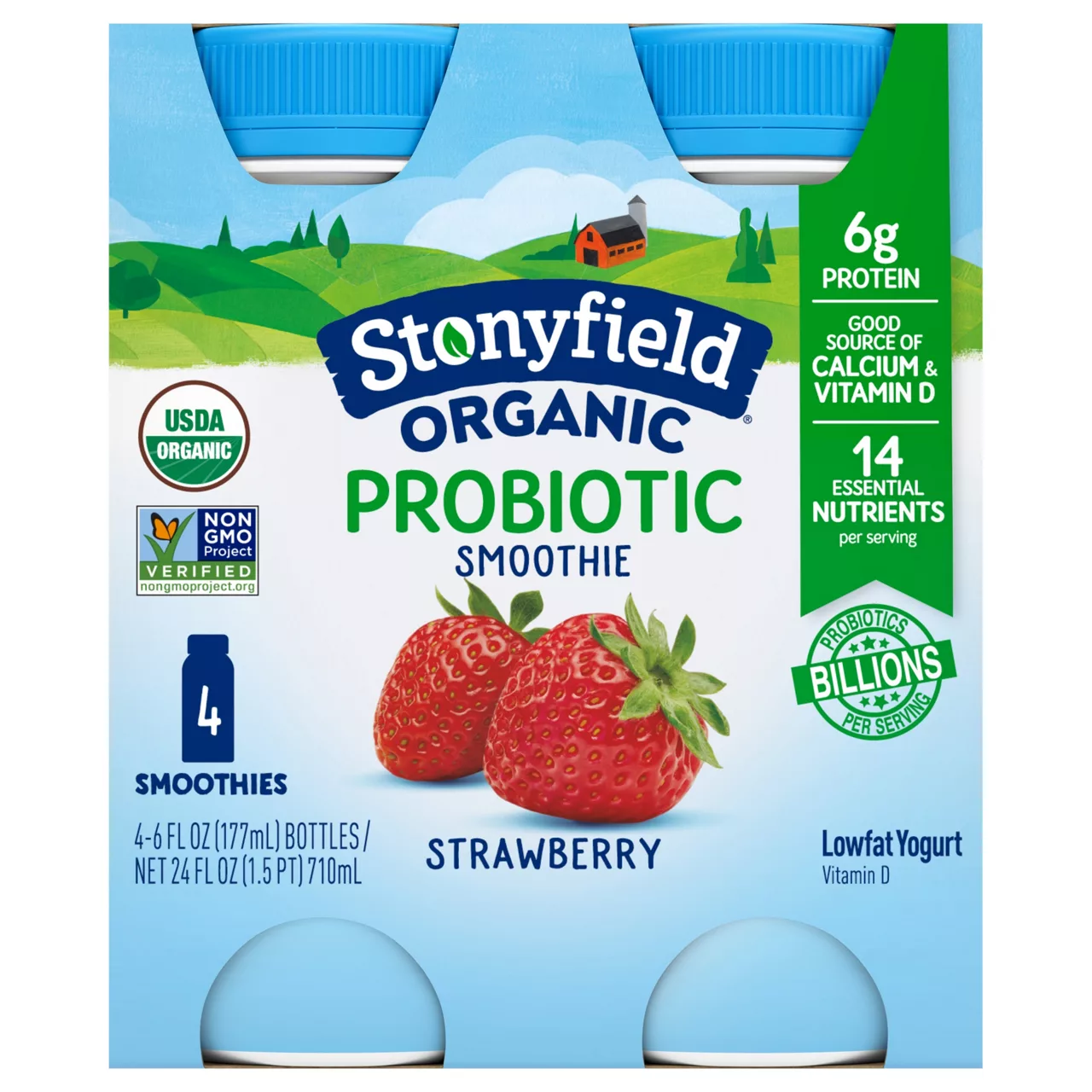 Stonyfield Organic Probiotic Strawberry Lowfat Yogurt Smoothies 4 Count