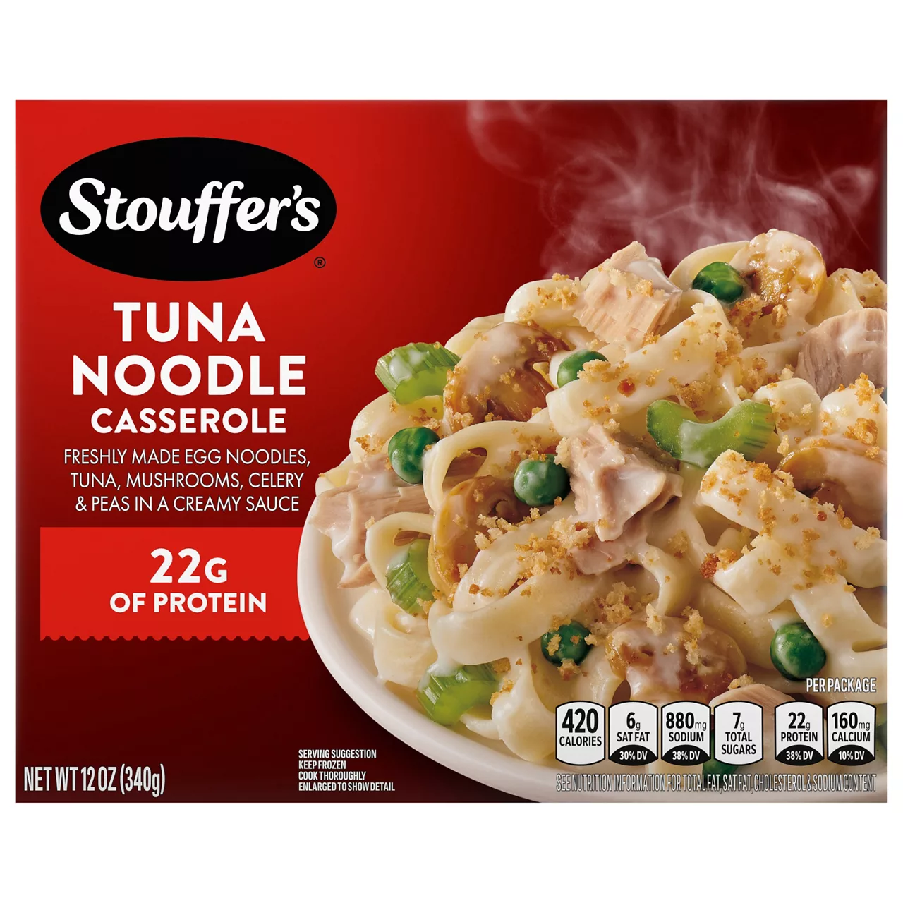 Tuna Noodle Casserole Freshly Made Egg Noodles, Tuna, Mushrooms, Celery & Peas In A Creamy Sauce, Tuna Noodle Casserole