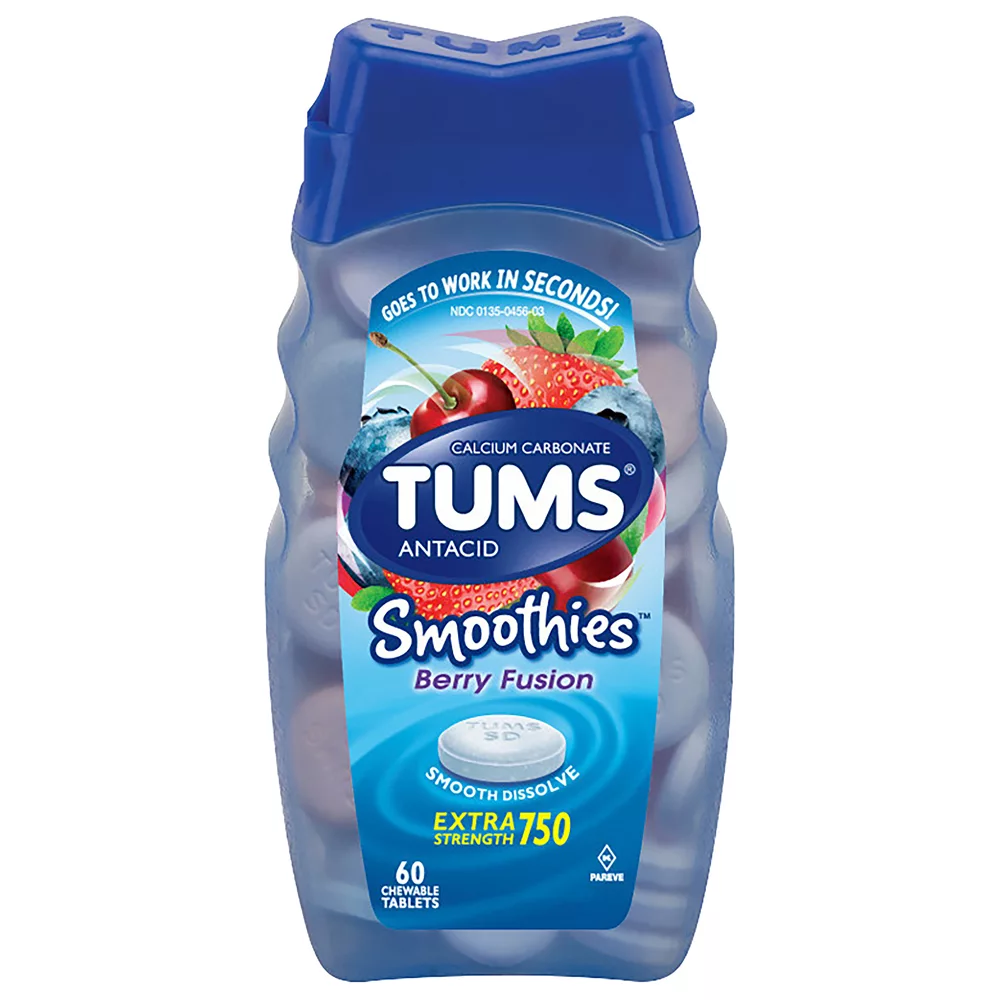 TUMS Smoothies Chewable Antacid Tablets for Extra Strength Heartburn Relief, Berry Fusion - 60 Count