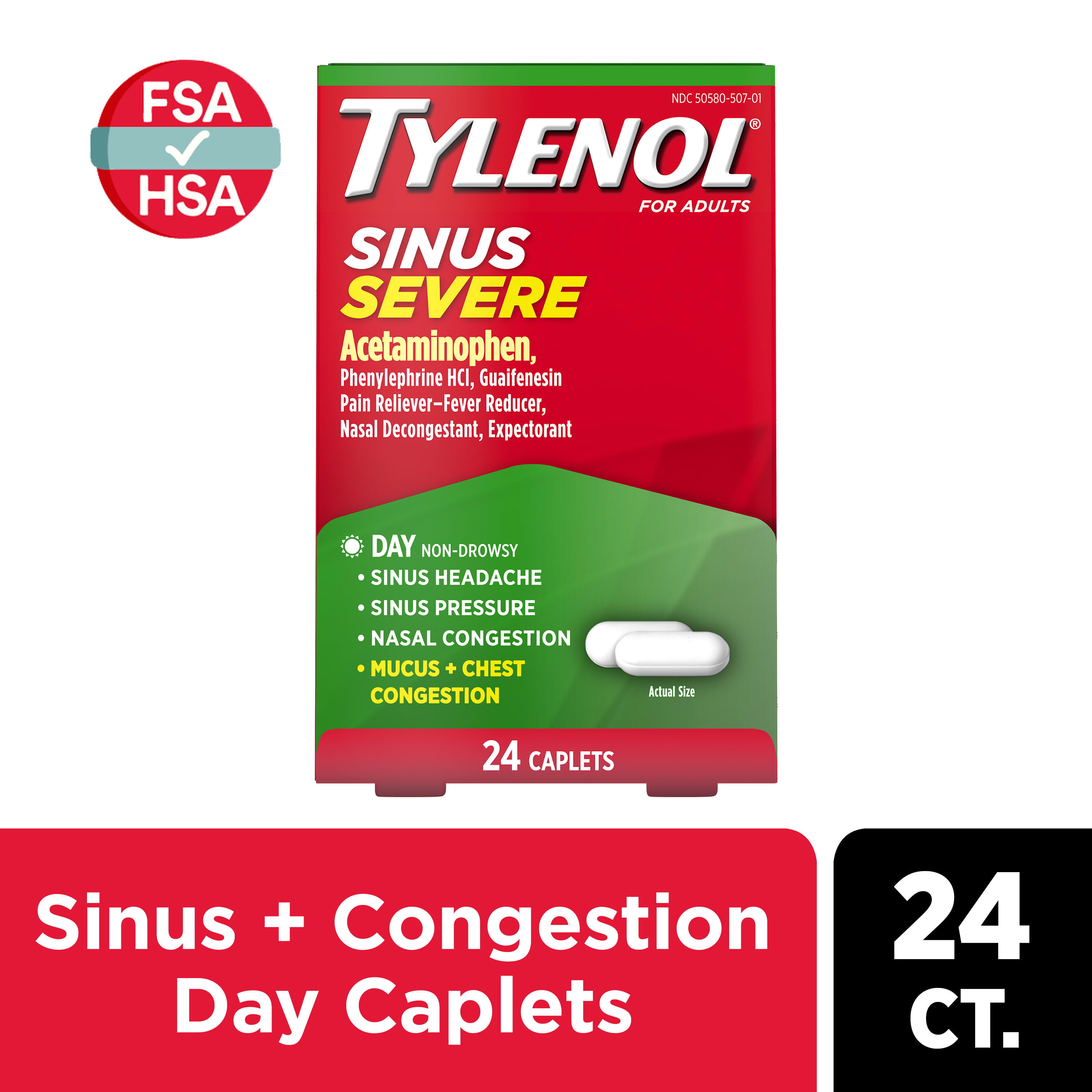 Tylenol Sinus Severe Nondrowsy Pain & Congestion Relief Caplets Acetaminophen 24ct