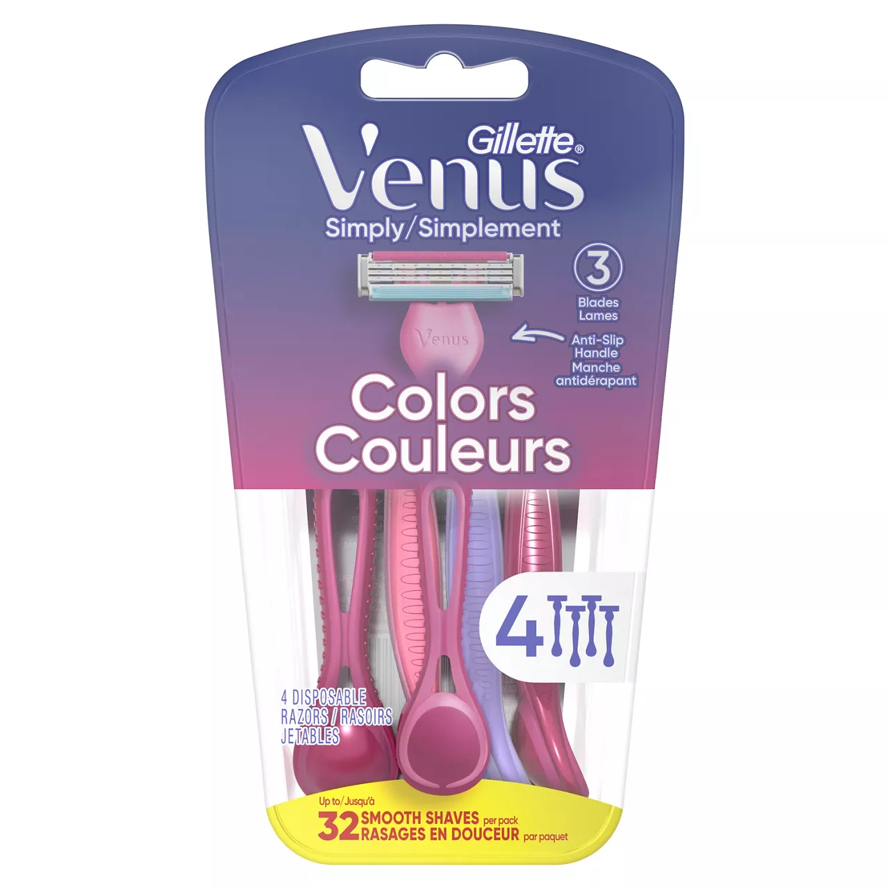 Venus Simply 3 Colors Disposable Razors, 4 Count